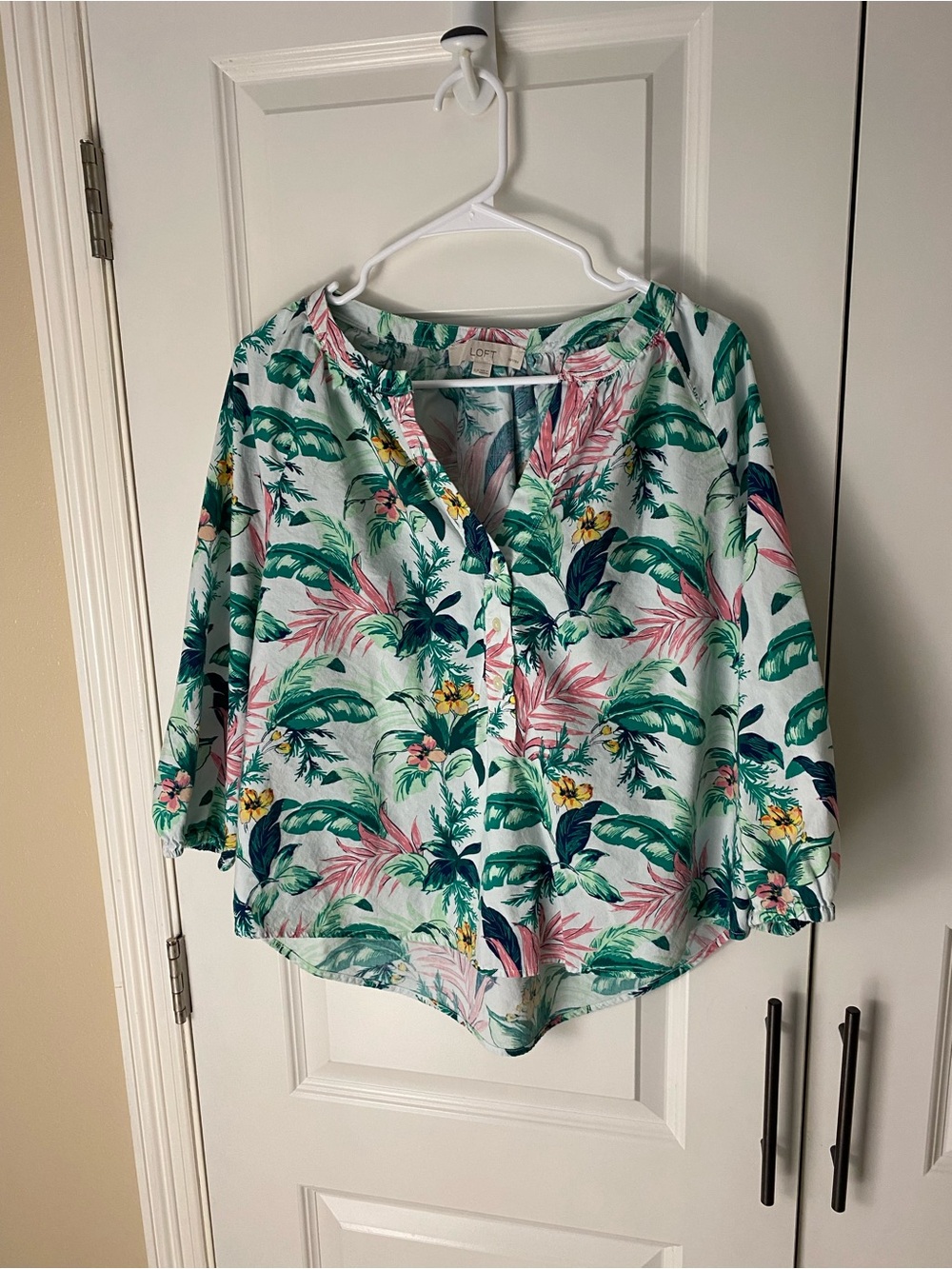 LOFT Floral Tropical Button-Front Blouse in Aqua, Green, Pink
